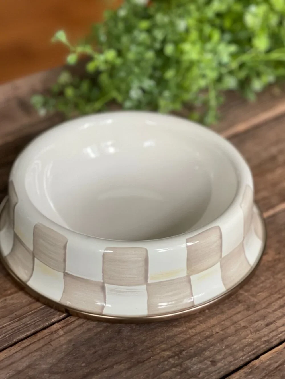 MacKenzie-Childs Mocha Check Small Pet Dish – Enamel Dog Cat Bowl-NWT